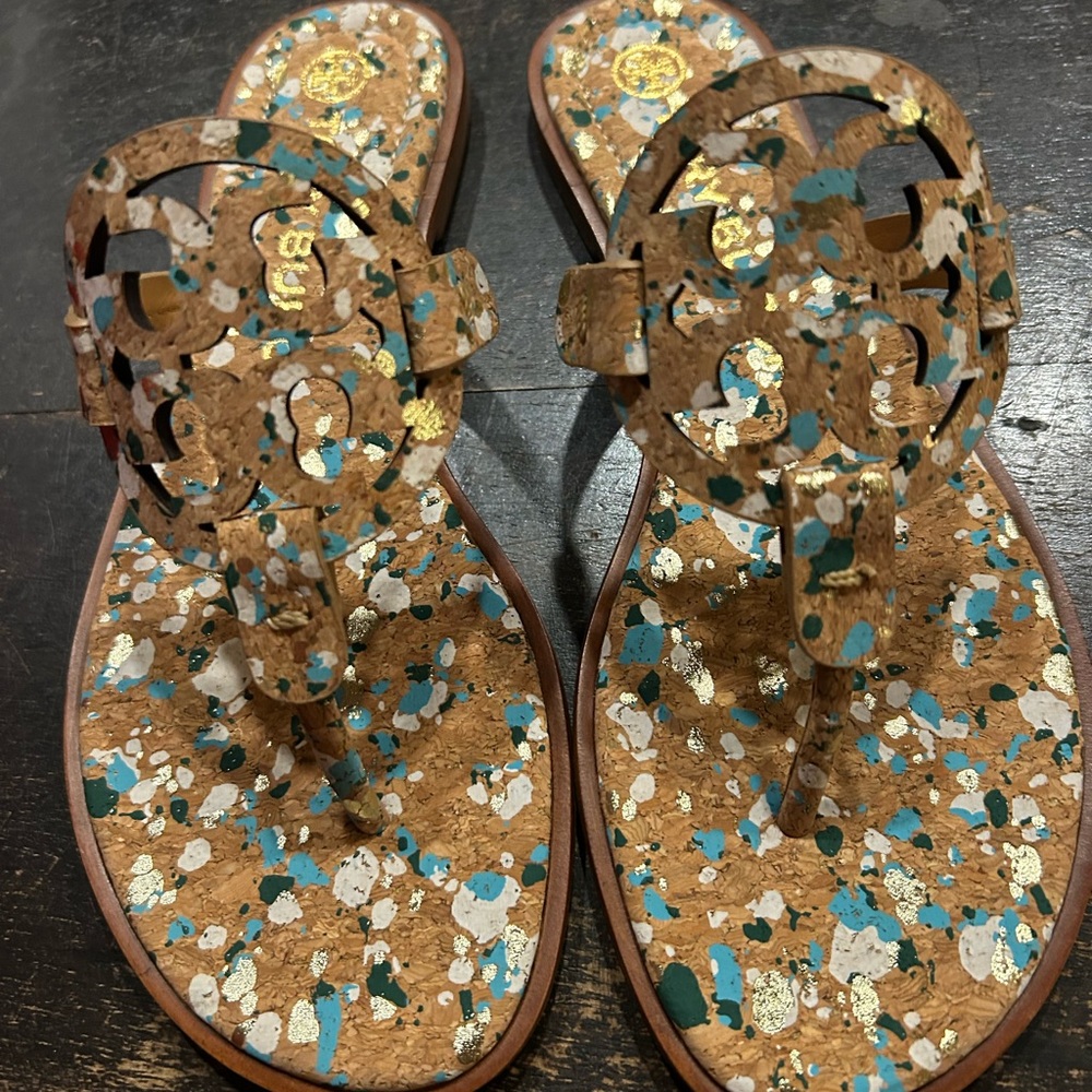 Tory Burch Cork Sandals with Teal and Gold Accents